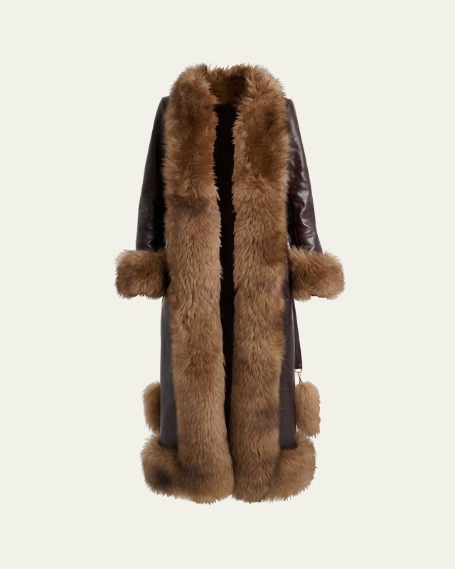 Lamb Shearling-Trim Shiny Leather Long Coat